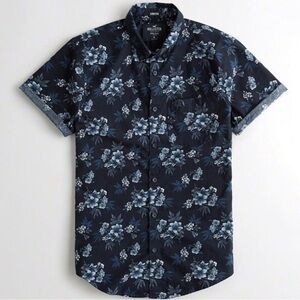 Hollister Men's Dark Blue Floral Button-Down Shirt